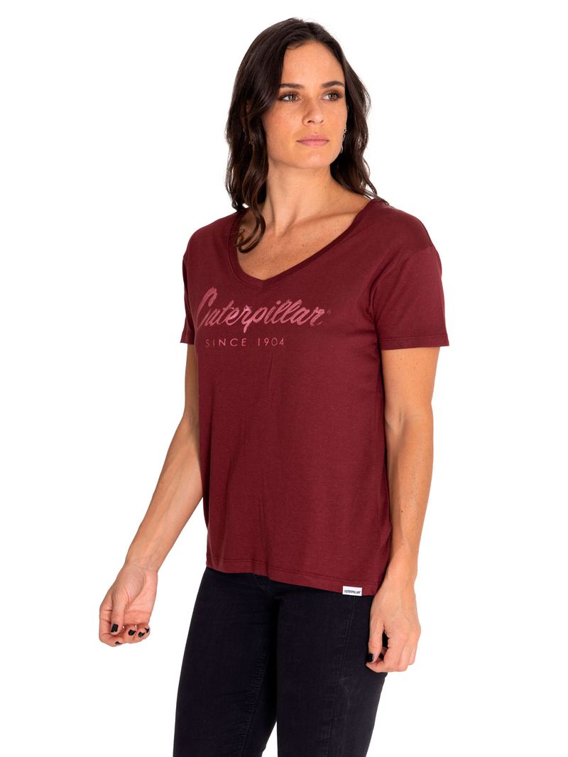 Polera-Manga-Corta-Casual-Mujer-Caterpillar-Script-V-Neck-Tee-Rojo-Cat