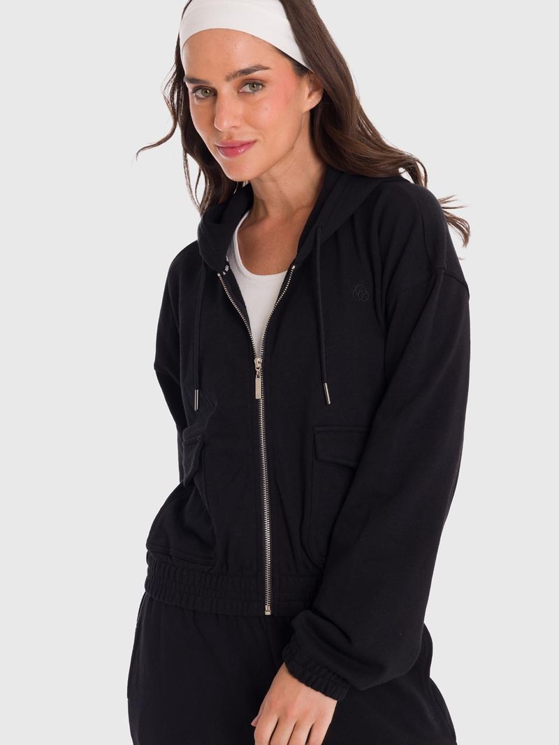 Polerón Mujer Hoodie Zip Cargo Negro Bsoul