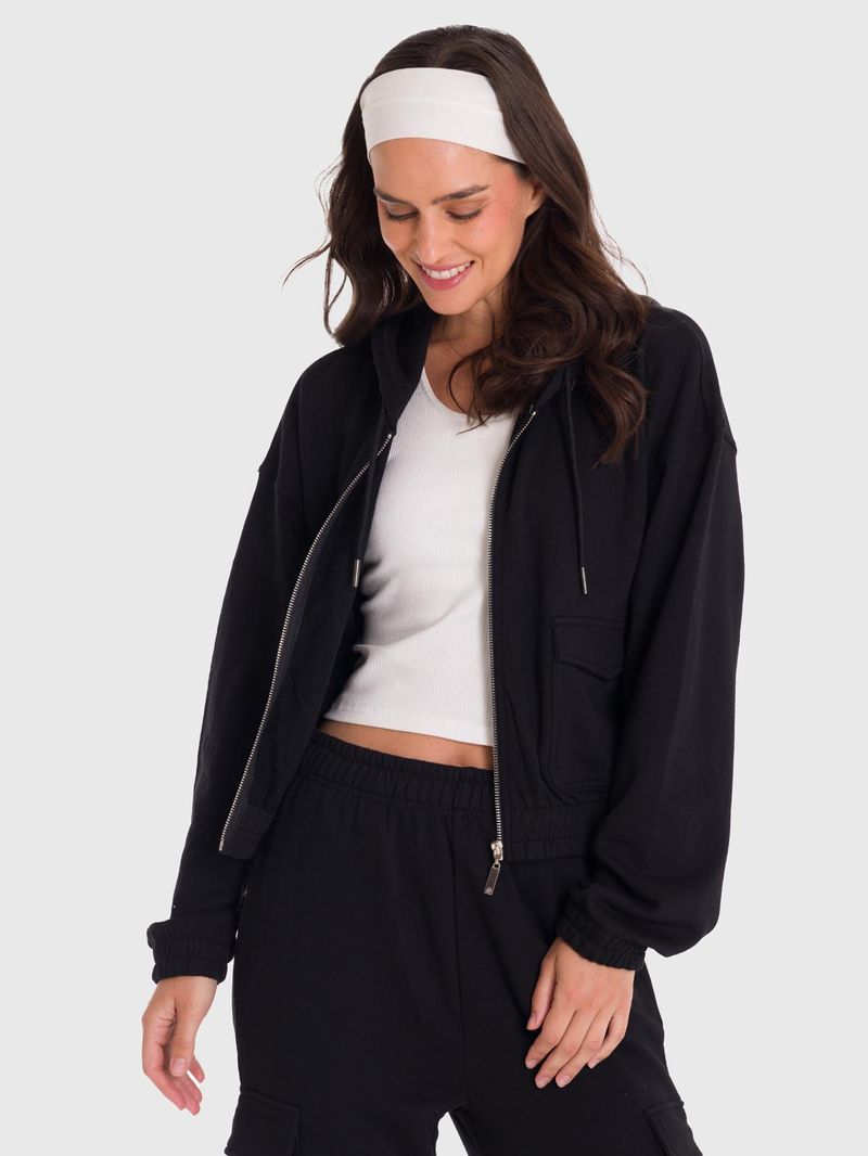 Polerón Mujer Hoodie Zip Cargo Negro Bsoul