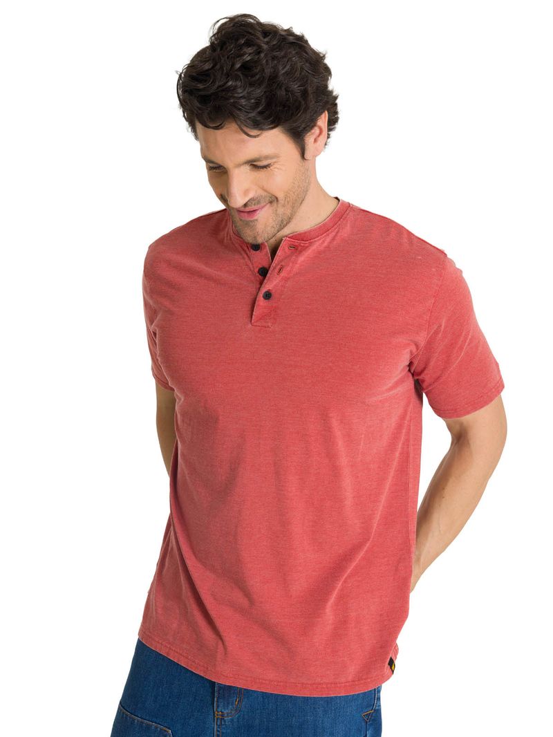 Polera Manga Corta Henley Hombre Burnout Rojo CAT