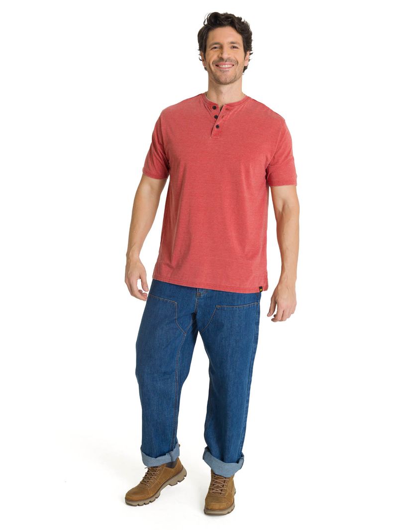 Polera Manga Corta Henley Hombre Burnout Rojo CAT