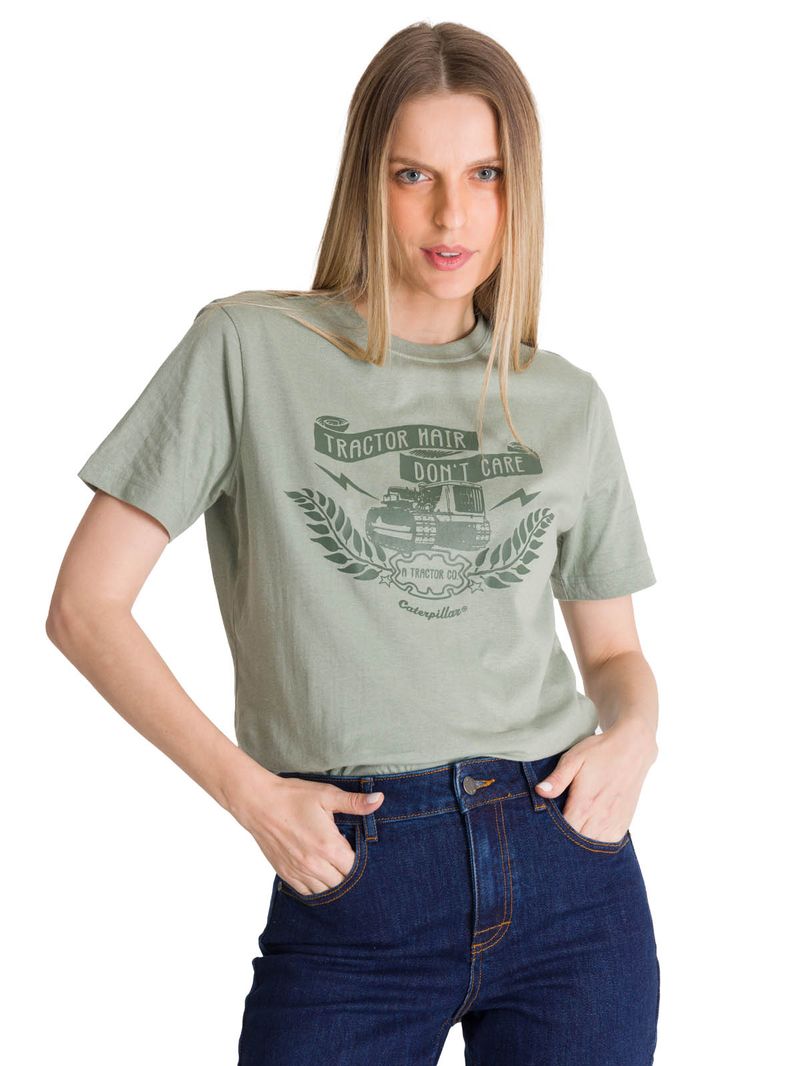 Polera Manga Corta Mujer Diseño Tractor Verde CAT