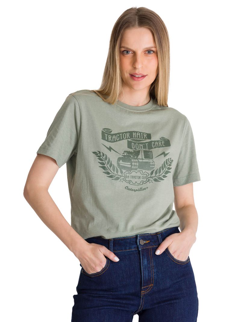 Polera Manga Corta Mujer Diseño Tractor Verde CAT
