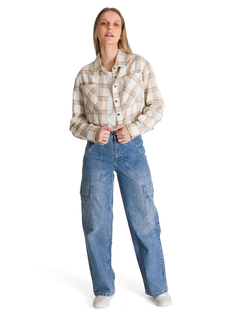 Camisa Manga Larga Mujer Cropped Flannel Beige CAT