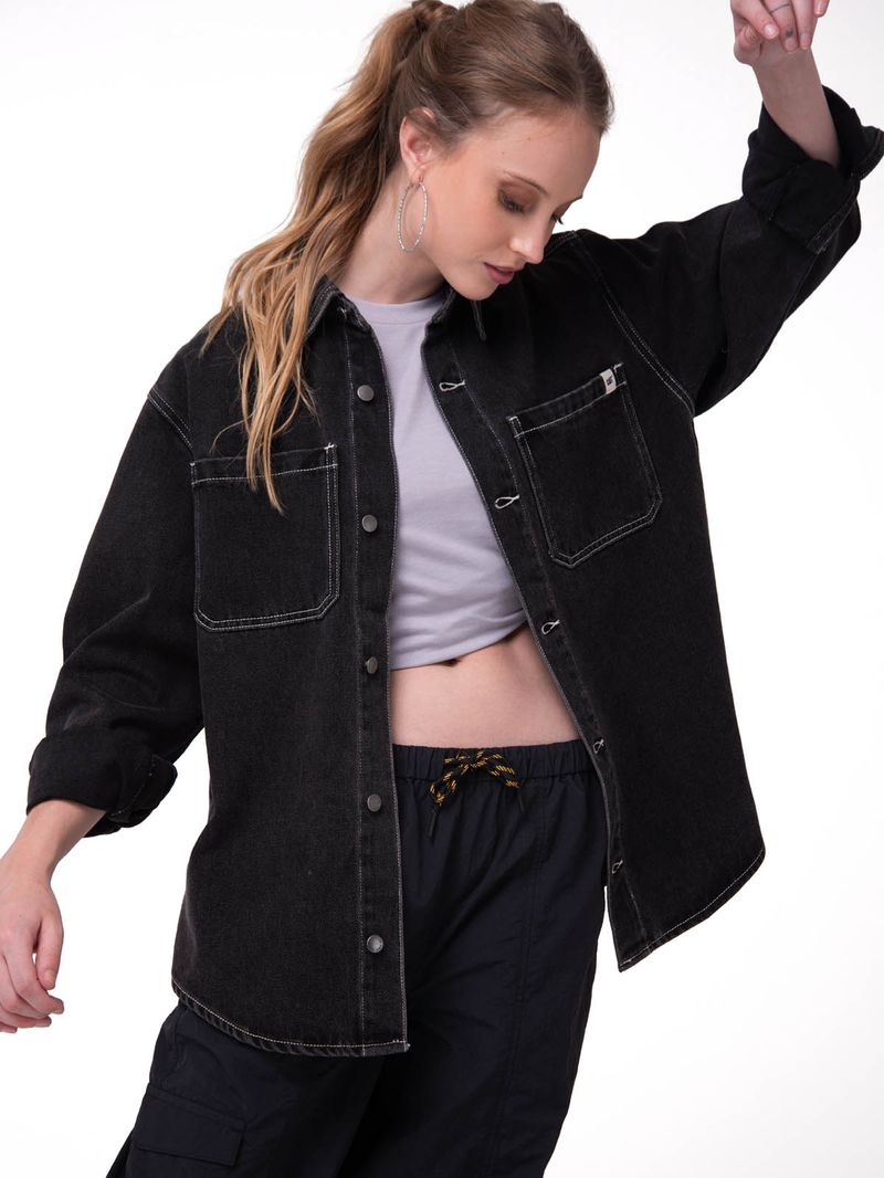 Camisa Denim Manga Larga Mujer Oversized Negro Cat