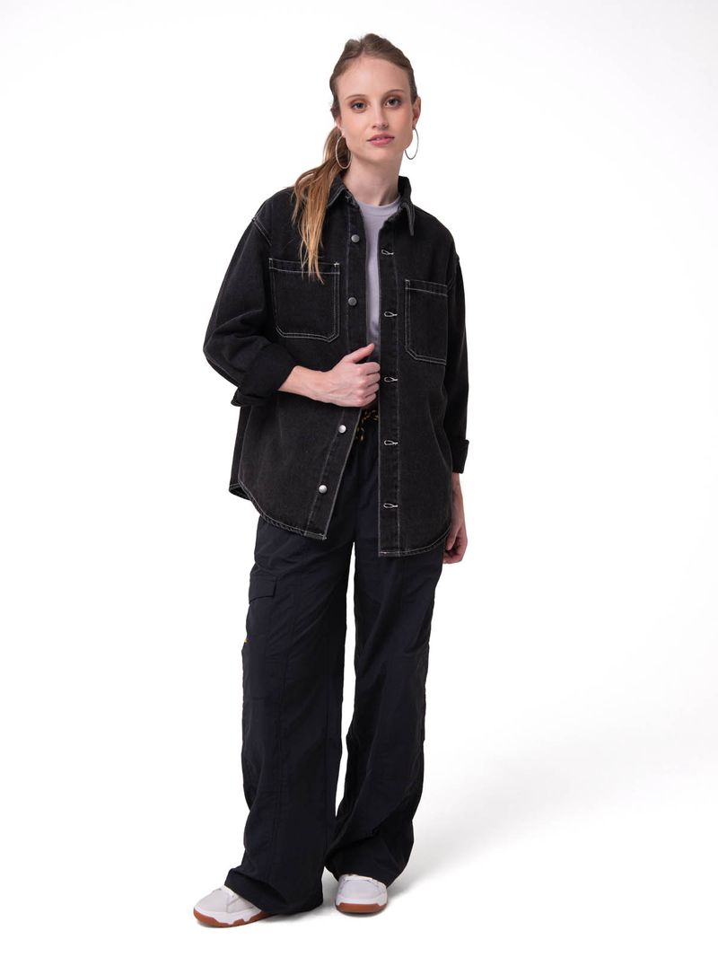 Camisa Denim Manga Larga Mujer Oversized Negro Cat