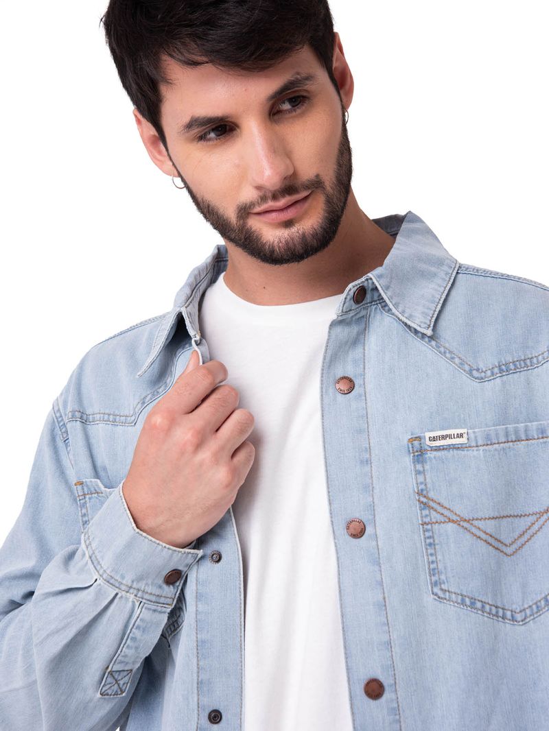 Camisa Denim Manga Larga Hombre Western Celeste Cat
